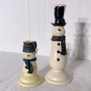 Vintage Snowmen Couple Candlesticks Candle Holders Winter Christmas Festive